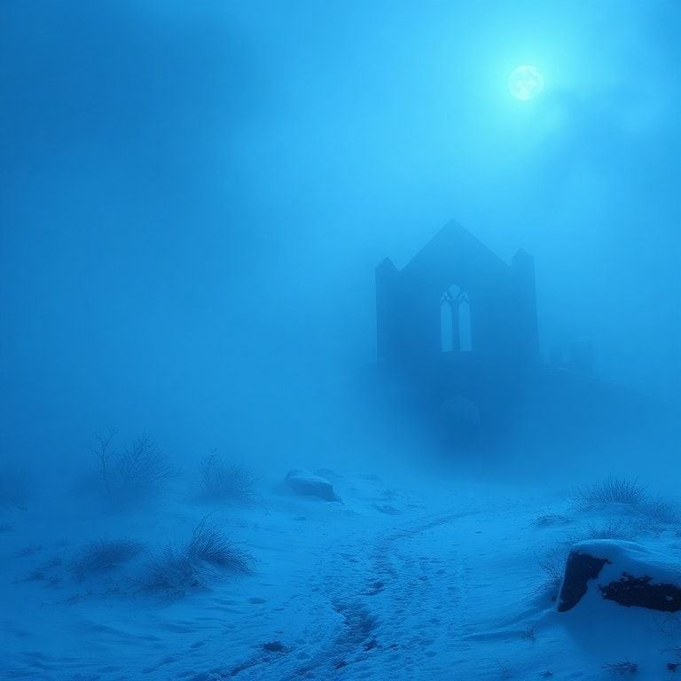 Deep blue winter fog surrounds the scene, drifting through snow-covered ground and distant stone ruins. The atmosphere is cold, mystical, and epic, inspired by Celtic fantasy lore. Cinematic composition, fantasy realism, deep blue and icy color palette, soft diffused moonlight