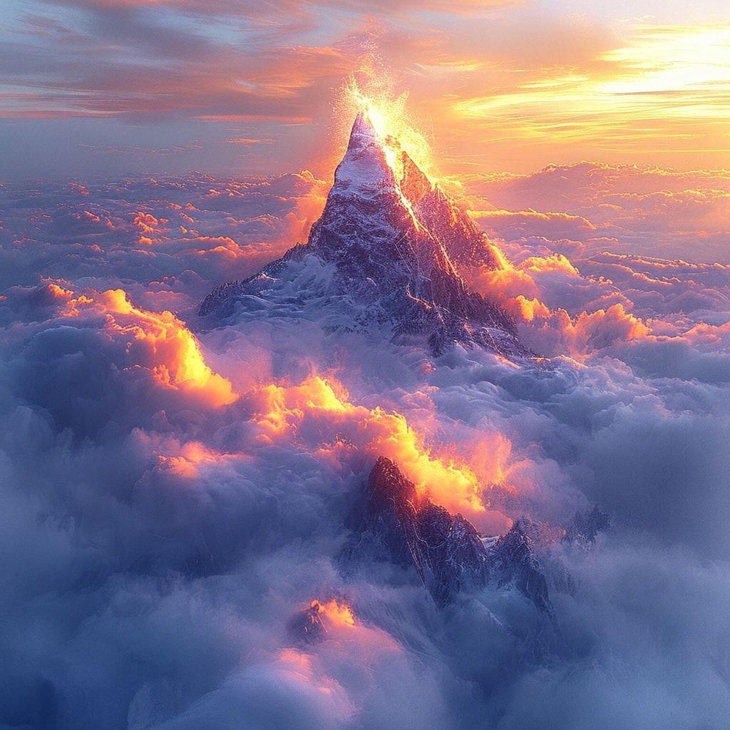 A lone, jagged mountain peak pierces through a sea of swirling golden clouds at sunrise, its snow-capped summit glowing with ethereal alpine light. Hyper-detailed 8K resolution captures the crisp t...