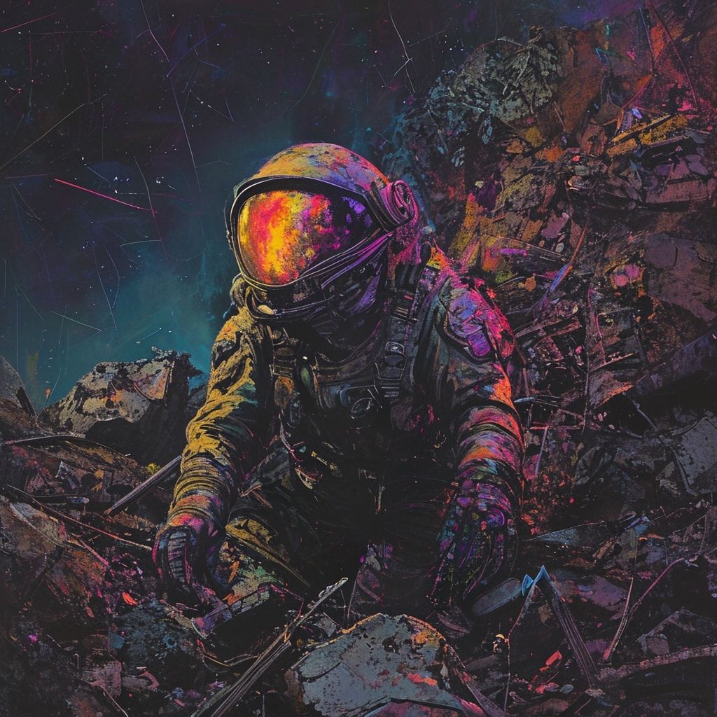 A lone scavenger in a tattered pressure suit picks through towering heaps of rusted alien wreckage under the eerie glow of a dying binary star, their helmet visor reflecting fractured neon hues. Th...