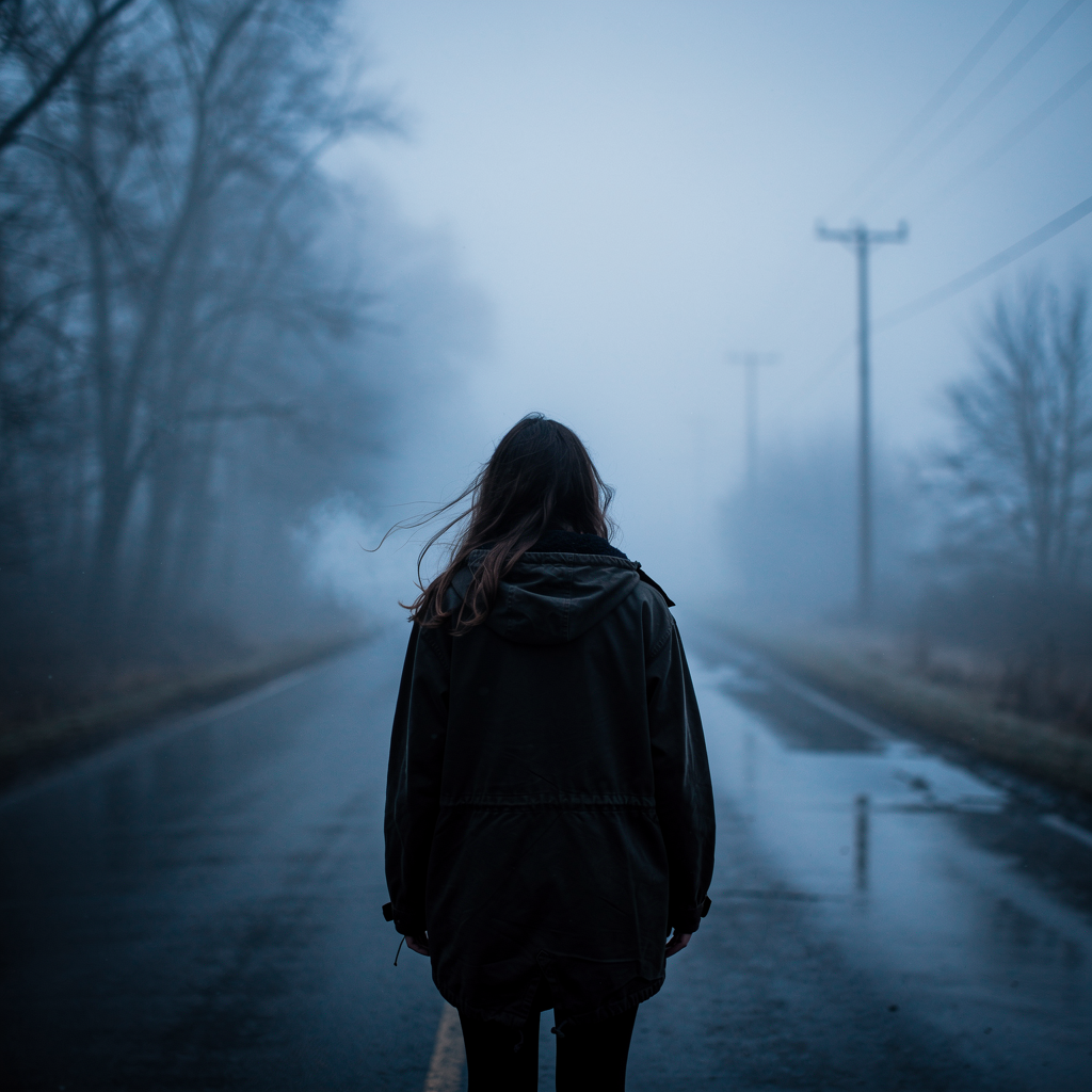 A girl with her back turned stands in a jacket on a winter road, an atmosphere of melancholy, loneliness and blue fog everywhere, as in dark ambient