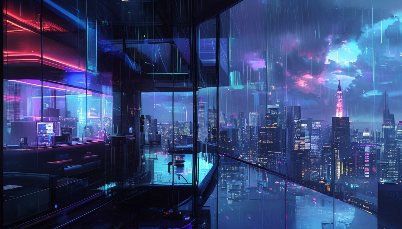 A sleek, high-tech apartment bathed in neon glow, holographic interfaces flickering across glass surfaces, rain-streaked windows reflecting the city’s towering skyline, dim ambient lighting casting...