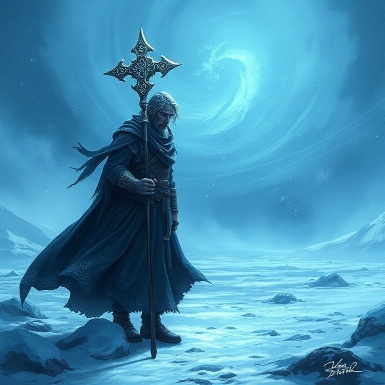 A lone Celtic warrior-mage stands in a frozen wasteland, his glowing staff carved with ancient runes casting an eerie light through the swirling blue mist. His heavy cloak billows in the icy wind, ...