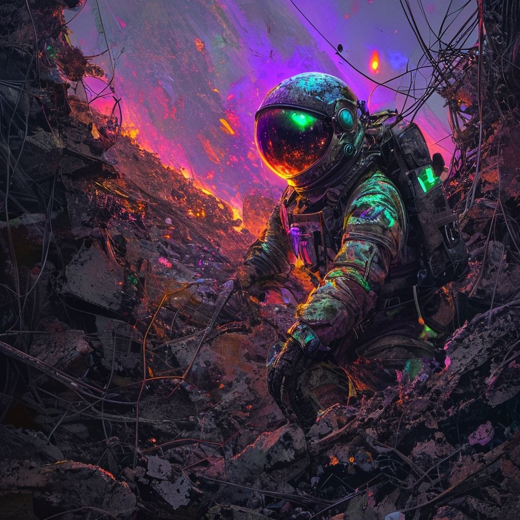 A lone scavenger in a tattered pressure suit picks through towering heaps of rusted alien wreckage under the eerie glow of a dying binary star, their helmet visor reflecting fractured neon hues. Th...