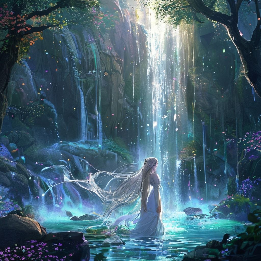 Elven sacred waterfall fantasy landscape, beautiful elven maiden with long flowing silver hair standing gracefully near mystical waterfall in sacred grove, crystal-clear water cascading down ancient rocks, rainbow mist rising from waterfall, ethereal light filtering through ancient trees, glowing flowers surrounding the sacred pool, mystical energy particles floating in air, ancient elven architecture visible in background, ethereal blue and green lighting, magical atmosphere, cinematic composition, cartoon style, anime art style, fantasy art style, peaceful and mystical mood, detailed and atmospheric, mystical glowing vines, dewdrops on leaves, elegant elven woman in flowing white dress, serene expression, ethereal beauty, animated style, vibrant colors