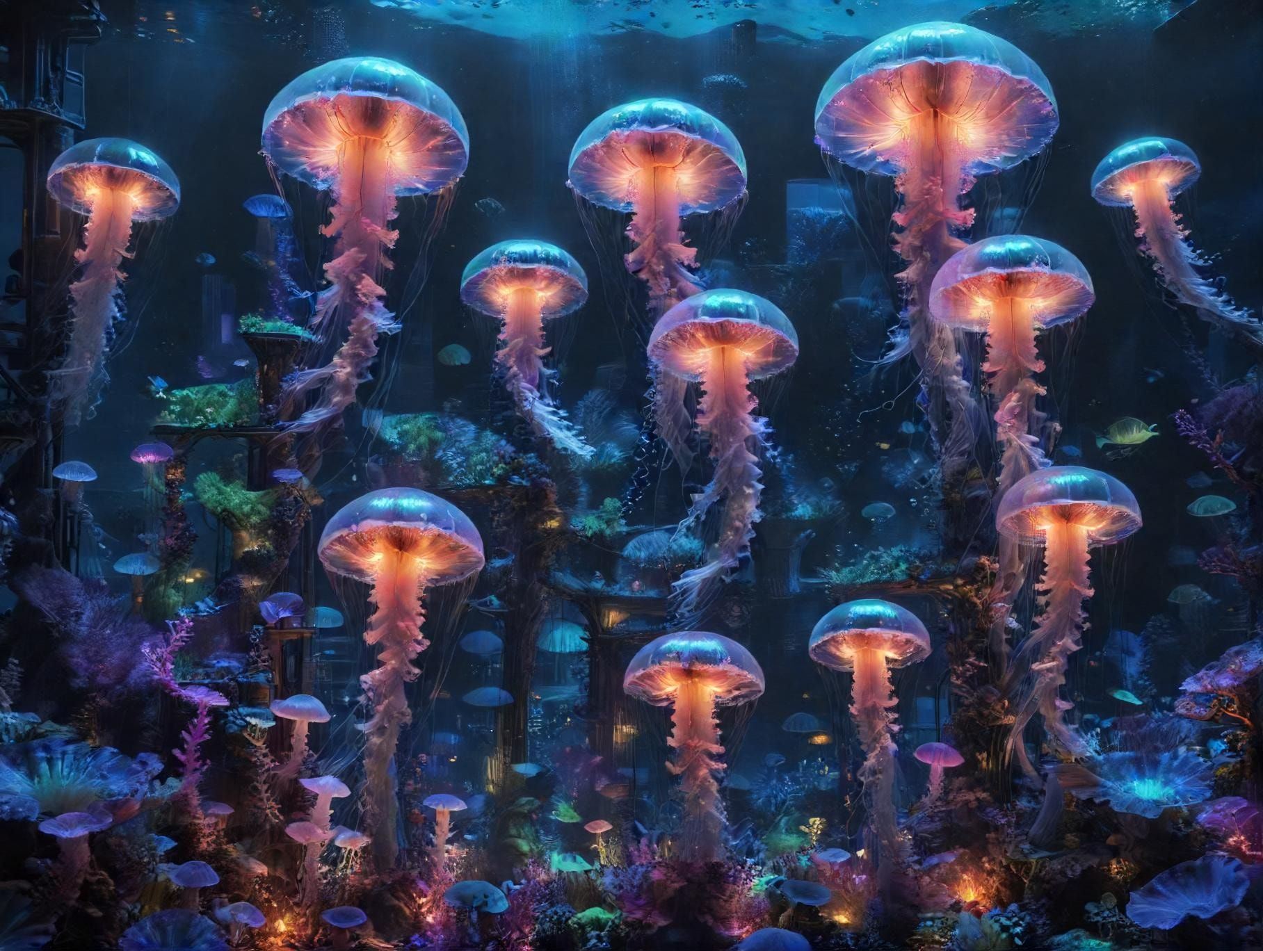 A sprawling underwater metropolis bathed in ethereal bioluminescent glow, where towering coral skyscrapers pulse with neon hues, as graceful jellyfish-like creatures drift through floating gardens,...