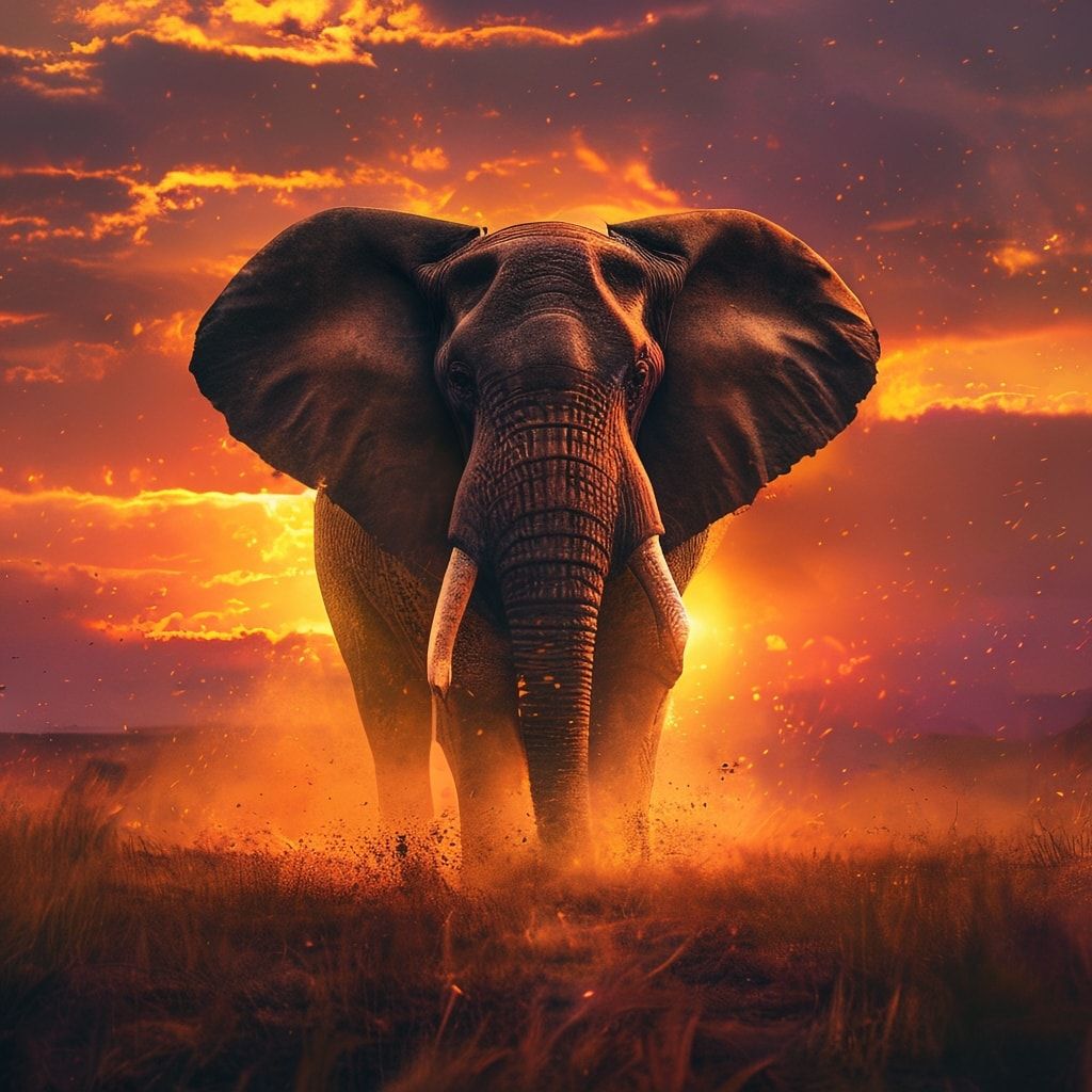 A majestic elephant stands silhouetted against a fiery savanna sunset, its massive form bathed in golden light, dust swirling around its feet. The sky glows with deep oranges and purples, casting l...