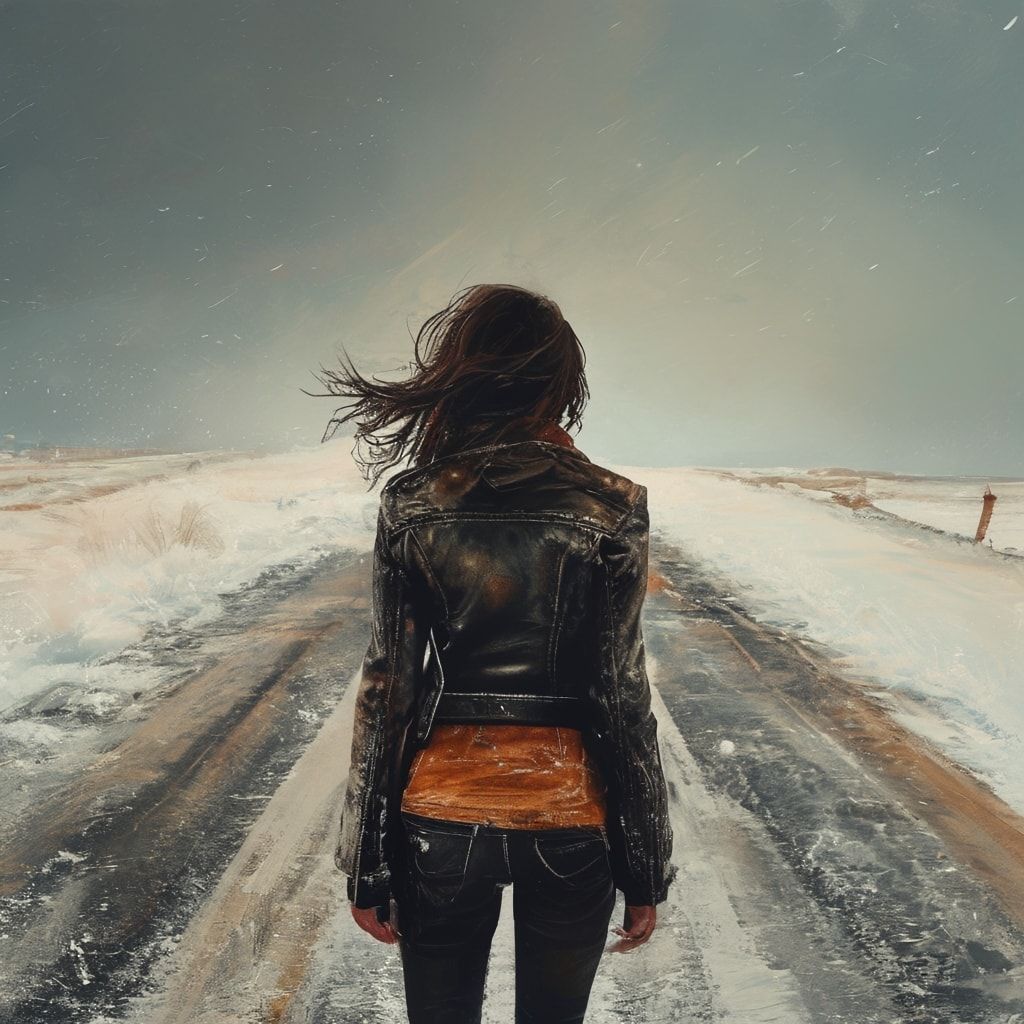 A solitary figure girl in a worn leather jacket stands motionless on a desolate winter road, her back turned to the viewer, shoulders slightly hunched against the biting cold. The path stretches endless...
