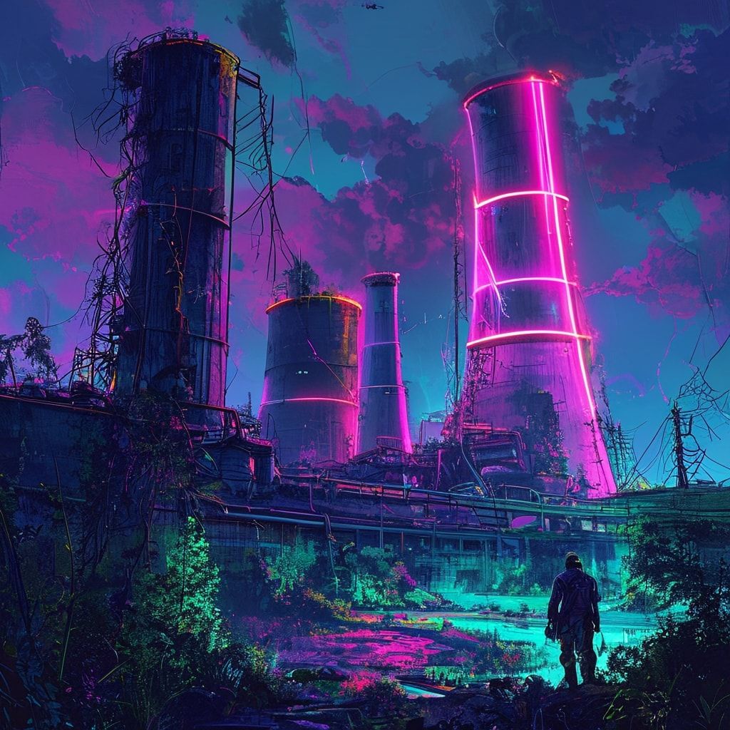 A towering nuclear power plant in ruins, neon-lit cooling towers glowing pink and teal against a twilight sky, cracked concrete overgrown with luminescent vines, a lone cyberpunk figure in a reflec...
