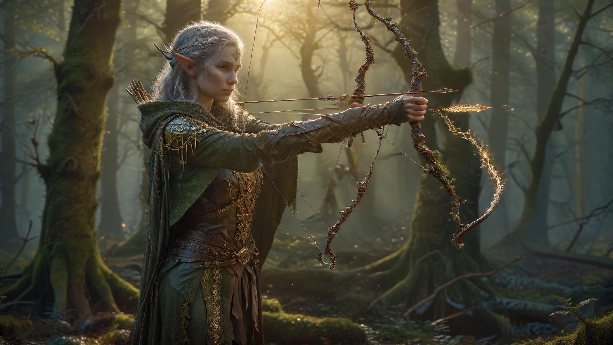 A lone elf archer, clad in moss-woven leather and silver-threaded cloak, draws a glowing runic bow in the heart of an ancient twilight forest, golden shafts of dying sunlight piercing through emera...