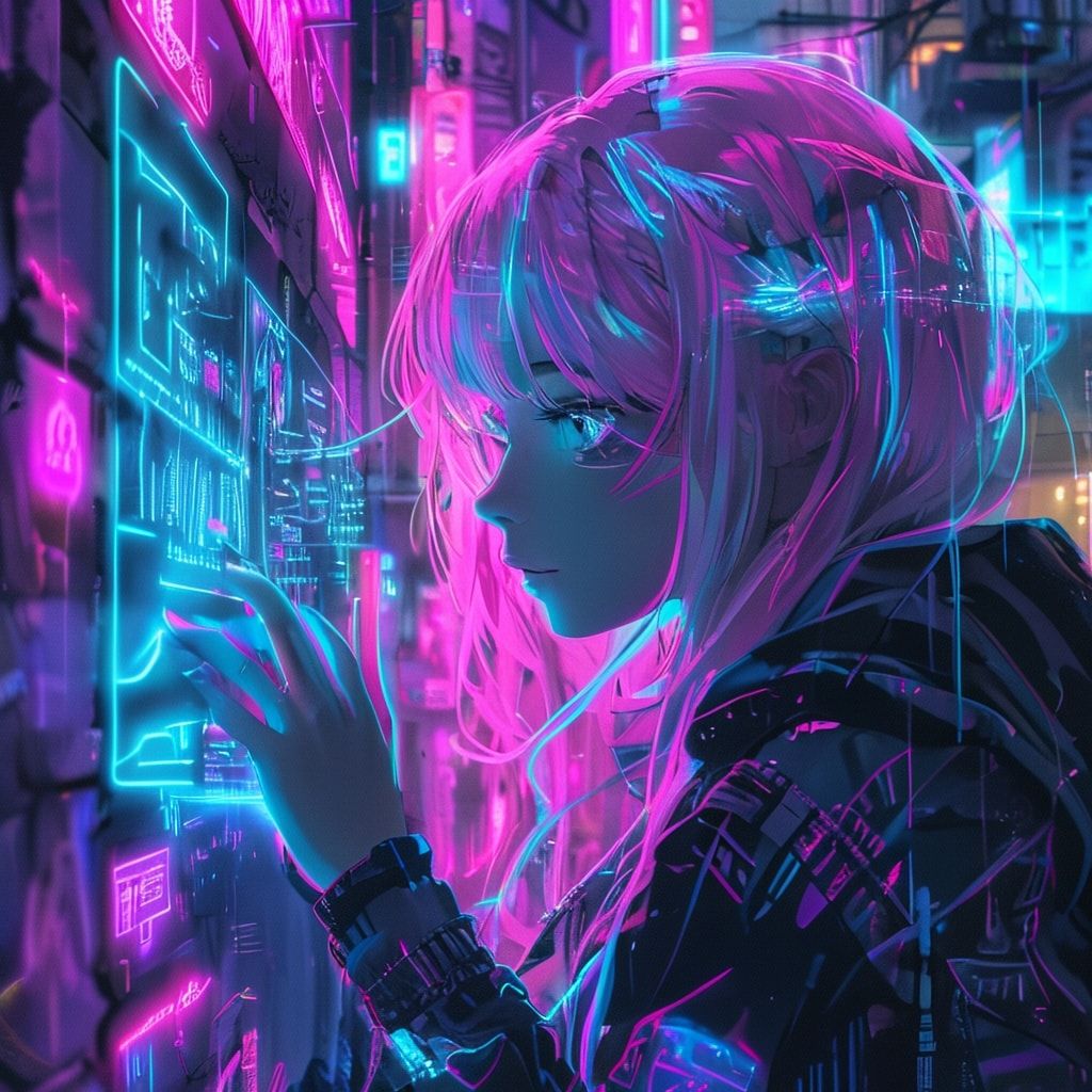 A vibrant anime girl with glowing pastel hair interacts with a floating holographic interface, her fingers tracing neon-blue data streams in a cyberpunk alley bathed in pink and teal neon lights, r...