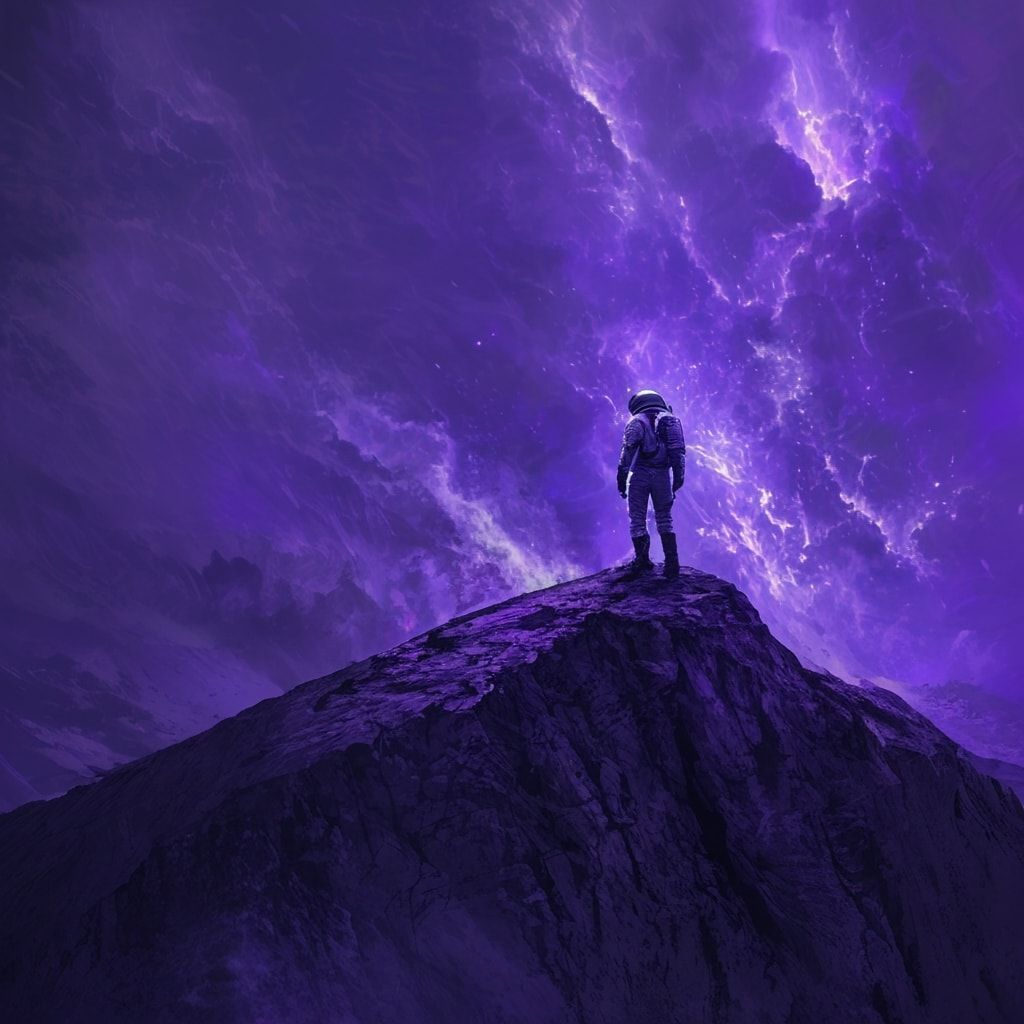 A lone astronaut in a battered, oxygen-deprived suit stands precariously on the fractured edge of an alien mesa, silhouetted against the abyss as a colossal cosmic storm churns below, its violet te...