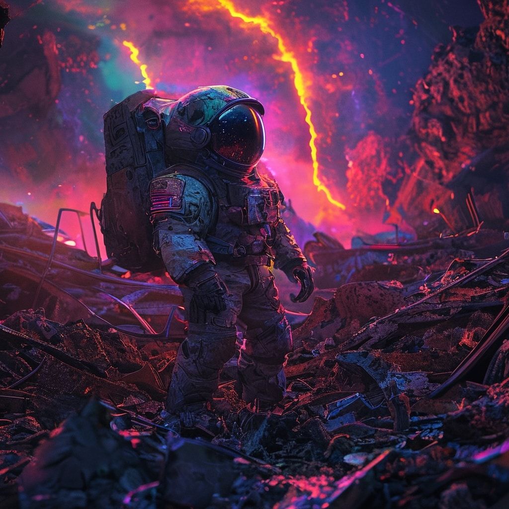 A lone scavenger in a tattered pressure suit picks through towering heaps of rusted alien wreckage under the eerie glow of a dying binary star, their helmet visor reflecting fractured neon hues. Th...