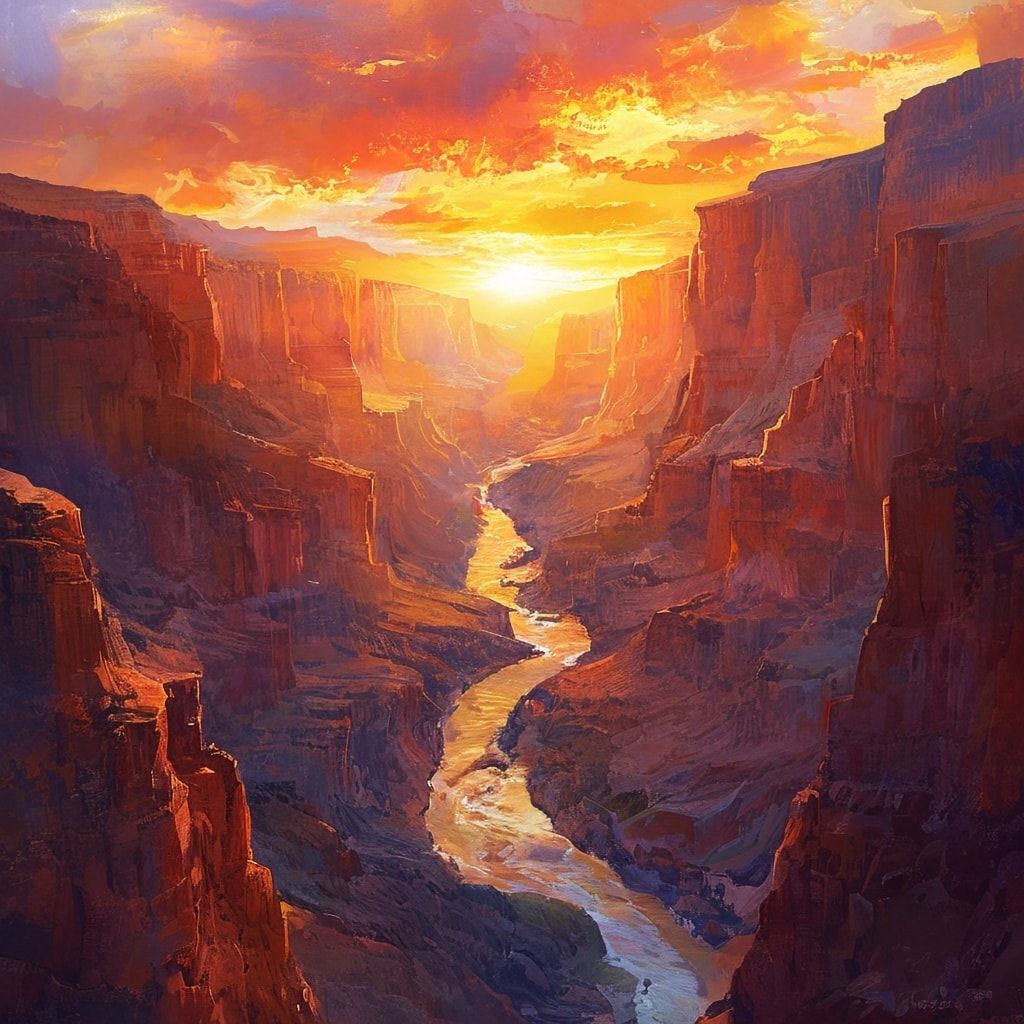 A vast, rugged canyon bathed in the warm, golden glow of a setting sun, its jagged cliffs and winding river illuminated by the soft, diffused light. The sky is a vibrant blend of fiery oranges, dee...