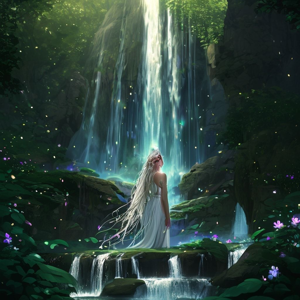Elven sacred waterfall fantasy landscape, beautiful elven maiden with long flowing silver hair standing gracefully near mystical waterfall in sacred grove, crystal-clear water cascading down ancient rocks, rainbow mist rising from waterfall, ethereal light filtering through ancient trees, glowing flowers surrounding the sacred pool, mystical energy particles floating in air, ancient elven architecture visible in background, ethereal blue and green lighting, magical atmosphere, cinematic composition, cartoon style, anime art style, fantasy art style, peaceful and mystical mood, detailed and atmospheric, mystical glowing vines, dewdrops on leaves, elegant elven woman in flowing white dress, serene expression, ethereal beauty, animated style, vibrant colors