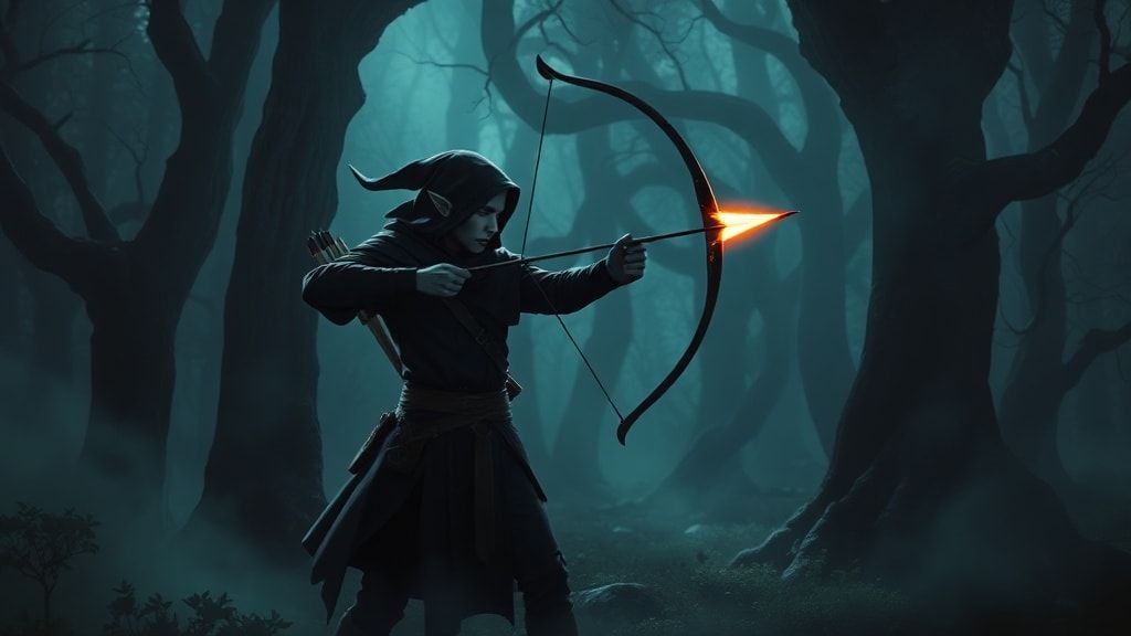 A lone elf archer, cloaked in shadow, draws a glowing arrow in the twilight woods, mist swirling around ancient trees. Noir-style high contrast lighting casts dramatic shadows, emphasizing the arch...