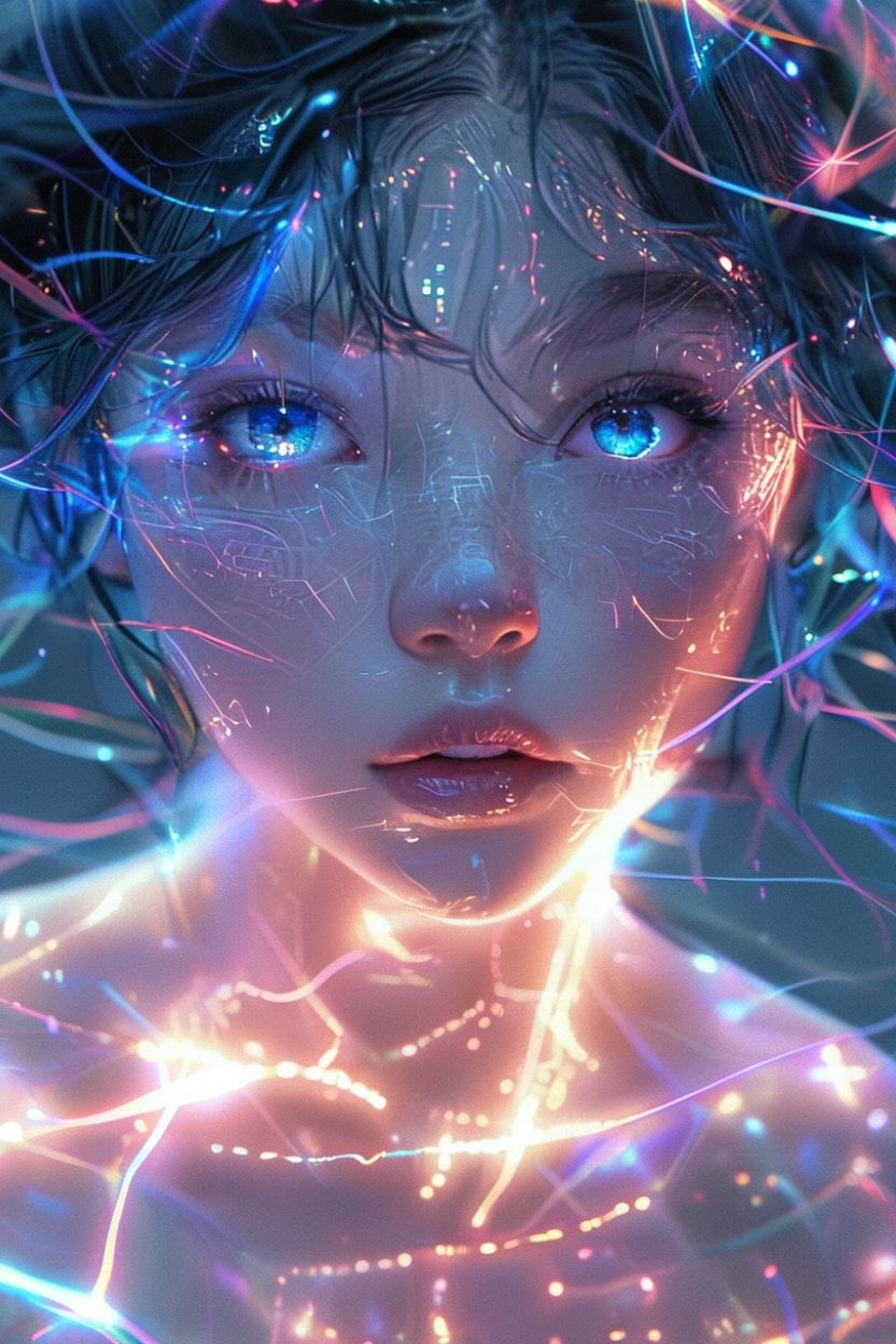 A glowing, ethereal anime girl with neon-blue circuits pulsing through her translucent skin floats in a vast digital void, her oversized kawaii eyes reflecting fractured code. Soft pastel hues blen...