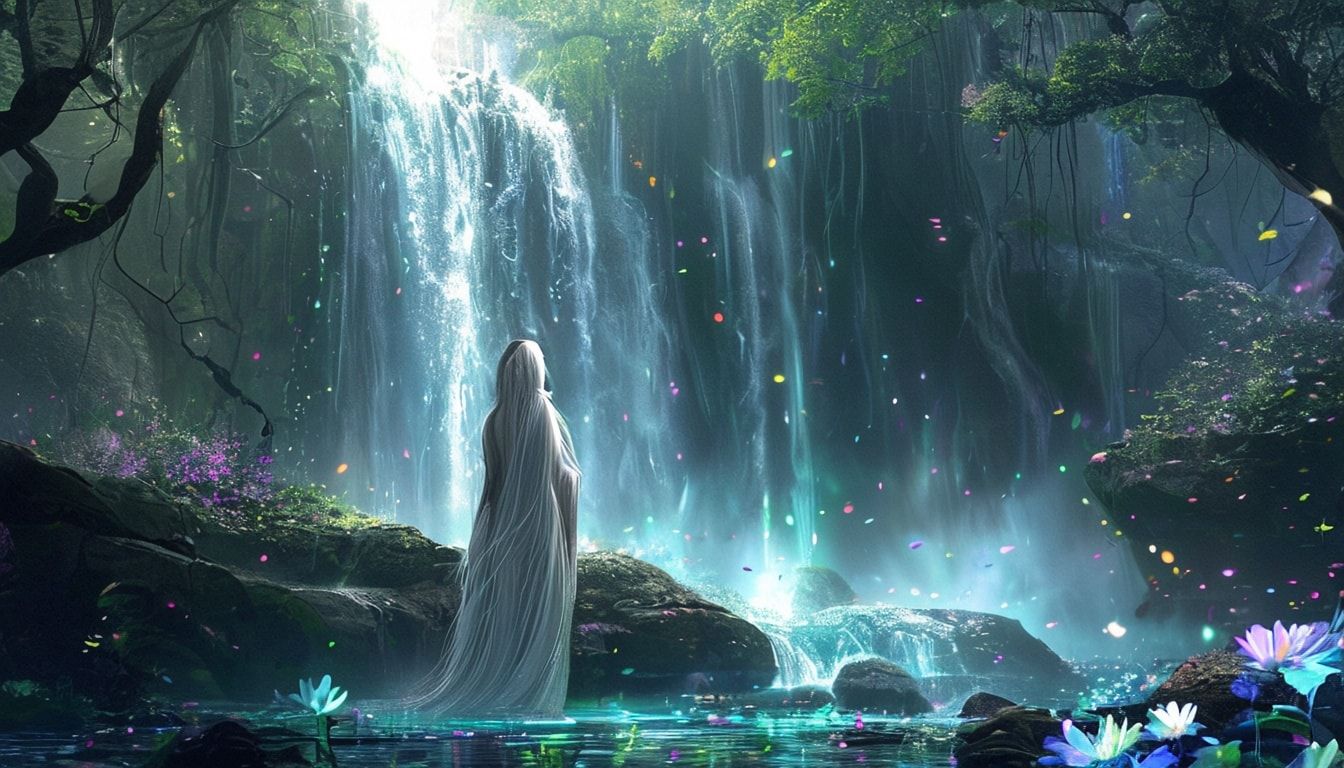 Elven sacred waterfall fantasy landscape, beautiful elven maiden with long flowing silver hair standing gracefully near mystical waterfall in sacred grove, crystal-clear water cascading down ancient rocks, rainbow mist rising from waterfall, ethereal light filtering through ancient trees, glowing flowers surrounding the sacred pool, mystical energy particles floating in air, ancient elven architecture visible in background, ethereal blue and green lighting, magical atmosphere, cinematic composition, cartoon style, anime art style, fantasy art style, peaceful and mystical mood, detailed and atmospheric, mystical glowing vines, dewdrops on leaves, elegant elven woman in flowing white dress, serene expression, ethereal beauty, animated style, vibrant colors, cartoons