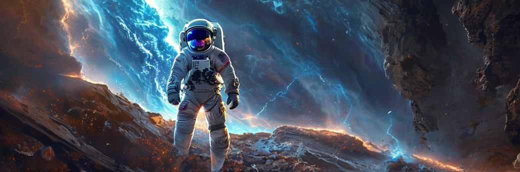 A lone astronaut in a tattered spacesuit stands on the edge of a crumbling alien cliff, gazing at a swirling cosmic storm below, neon-blue lightning illuminating their reflective visor. Hyper-detai...