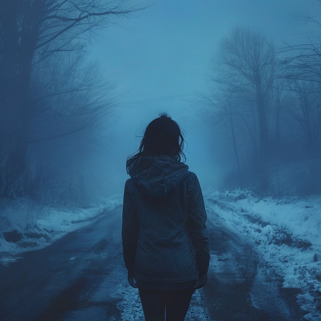 A girl with her back turned stands in a jacket on a winter road, an atmosphere of melancholy, loneliness and blue fog everywhere, as in dark ambient