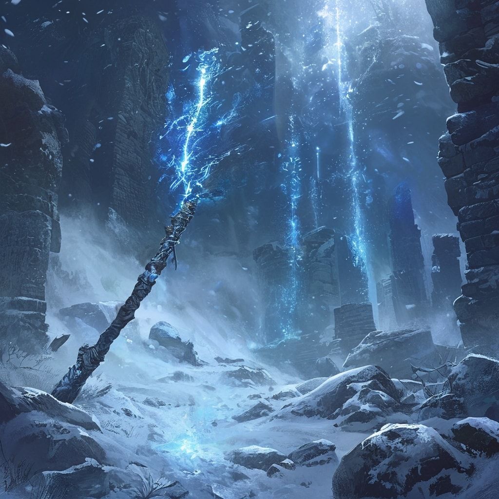 Icy runes shimmer faintly along the staff and in the air around him. Deep blue winter fog surrounds the scene, drifting through snow-covered ground and distant stone ruins