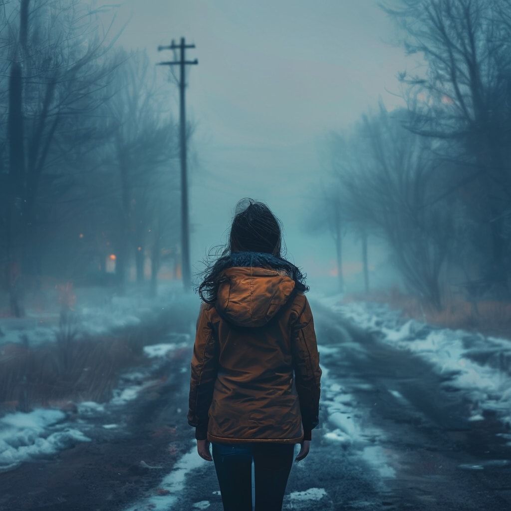 A girl with her back turned stands in a jacket on a winter road, an atmosphere of melancholy, loneliness and blue fog everywhere, as in dark ambient