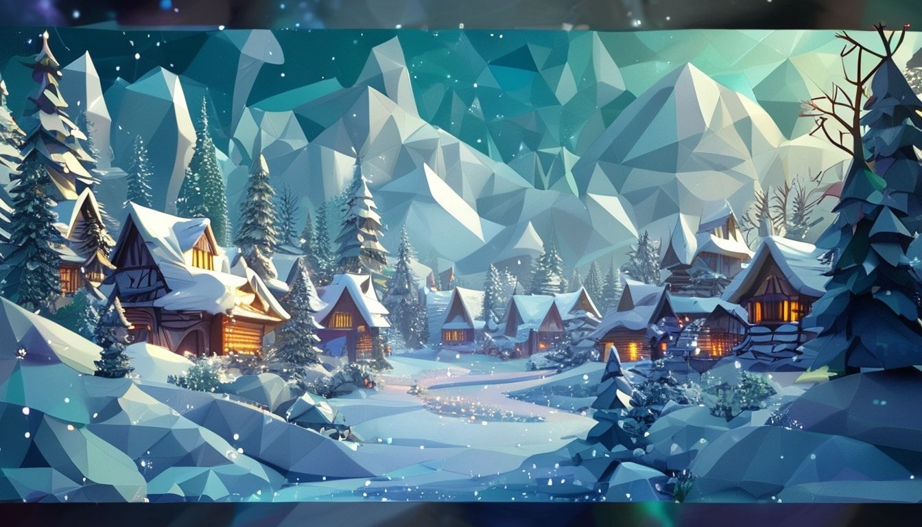Fantasy landscape low poly winter village