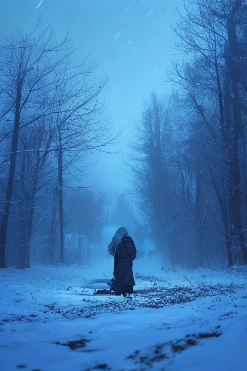 外面是冬天，深蓝色的雾，气氛就像电影里一样