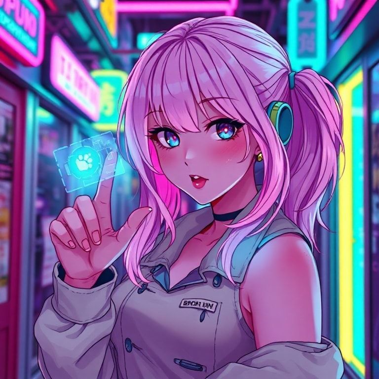 A vibrant anime girl with glowing pastel hair interacts with a floating holographic interface, her fingers tracing neon-blue data streams in a cyberpunk alley bathed in pink and teal neon lights, r...