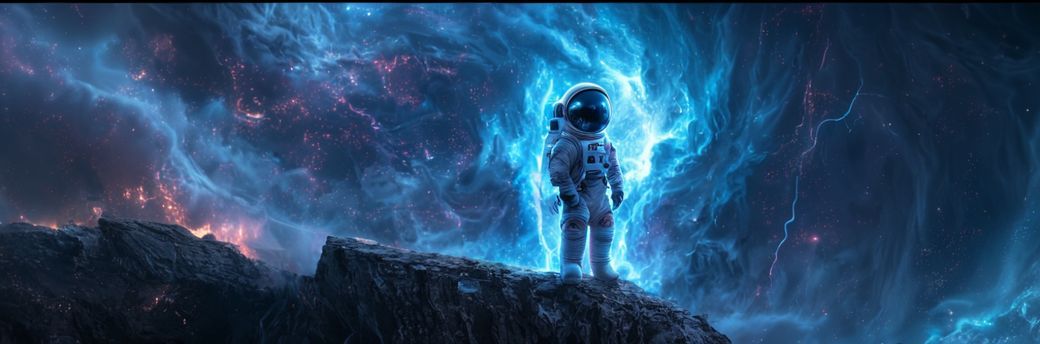 A lone astronaut in a tattered spacesuit stands on the edge of a crumbling alien cliff, gazing at a swirling cosmic storm below, neon-blue lightning illuminating their reflective visor. Hyper-detai...