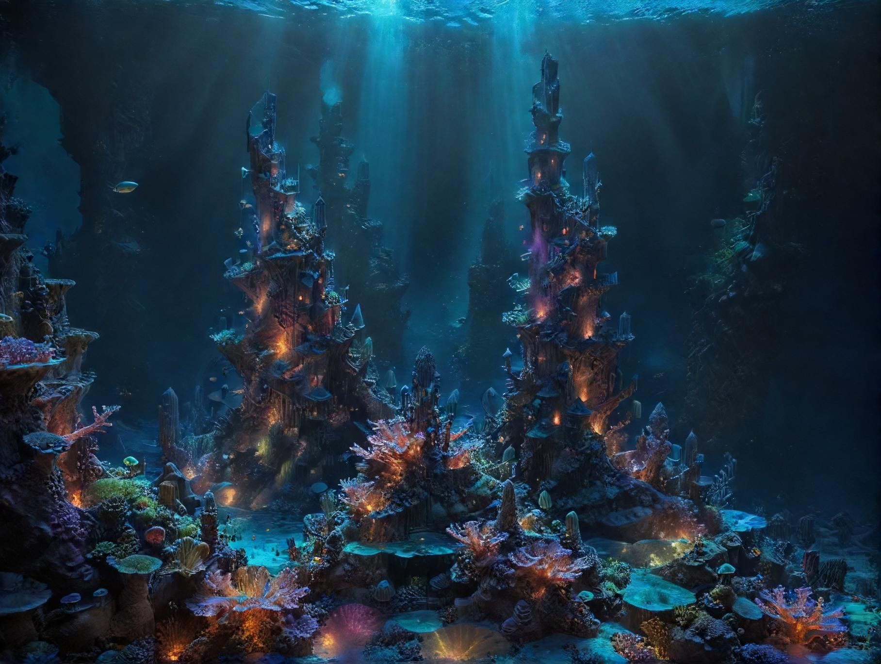 A vast, submerged cityscape thrives beneath the ocean’s surface, its towering coral spires glowing with shifting bioluminescent light, casting an otherworldly radiance across the abyss. Delicate, t...