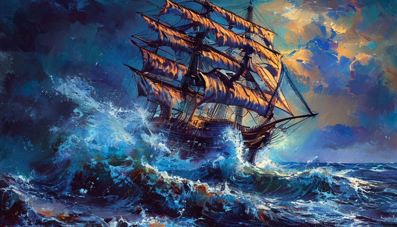 A towering pirate ship with tattered sails battles a raging storm under a bruised twilight sky, waves crashing violently against its weathered hull. Gouache painting style, opaque and vibrant, with...