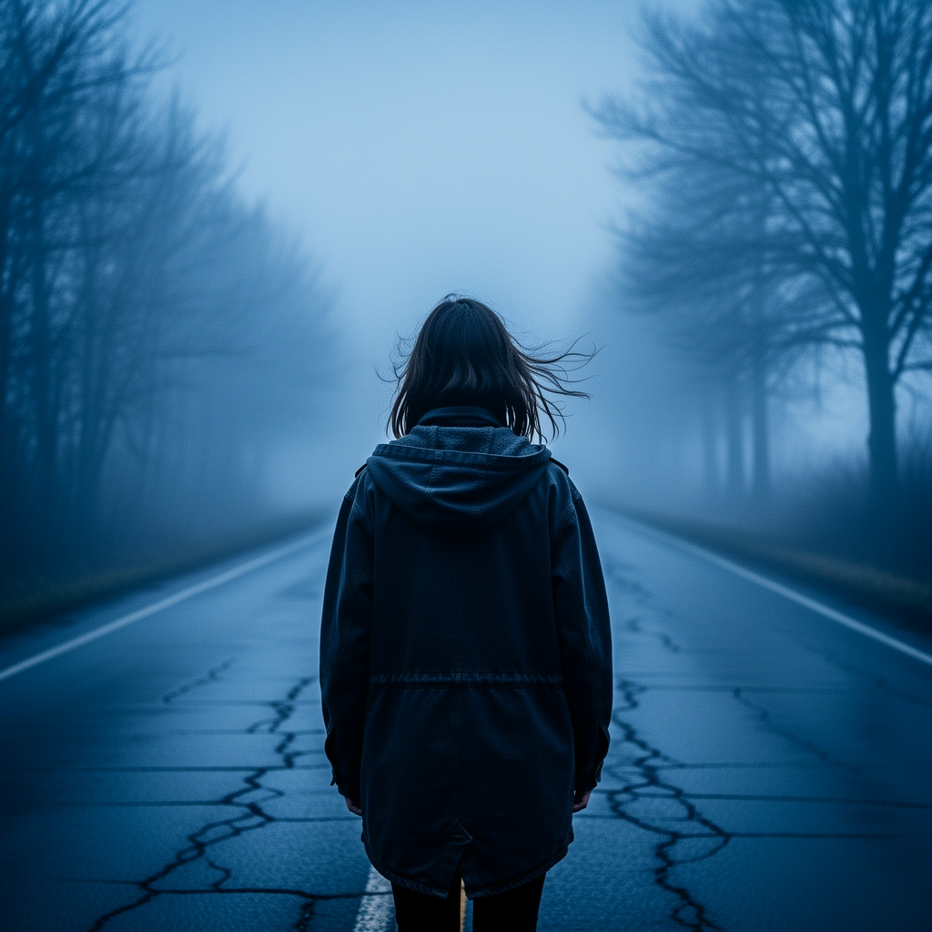 A girl with her back turned stands in a jacket on a winter road, an atmosphere of melancholy, loneliness and blue fog everywhere, as in dark ambient