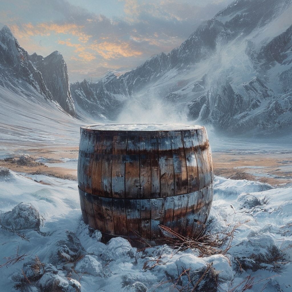 A weathered wooden barrel, half-buried in snow, rests in a vast, windswept valley, its rusted iron bands glinting under the pale glow of a winter dawn. Mist swirls around jagged ice formations, cas...