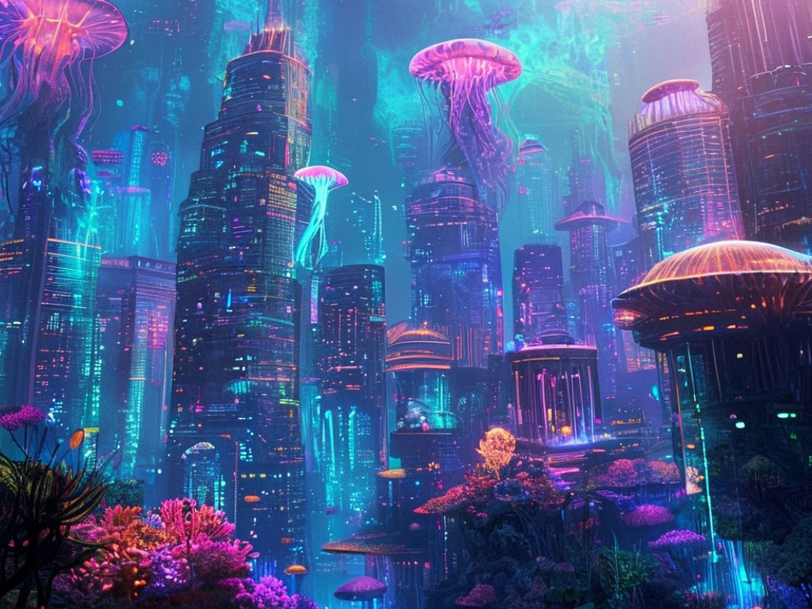 A sprawling underwater metropolis bathed in ethereal bioluminescent glow, where towering coral skyscrapers pulse with neon hues, as graceful jellyfish-like creatures drift through floating gardens,...