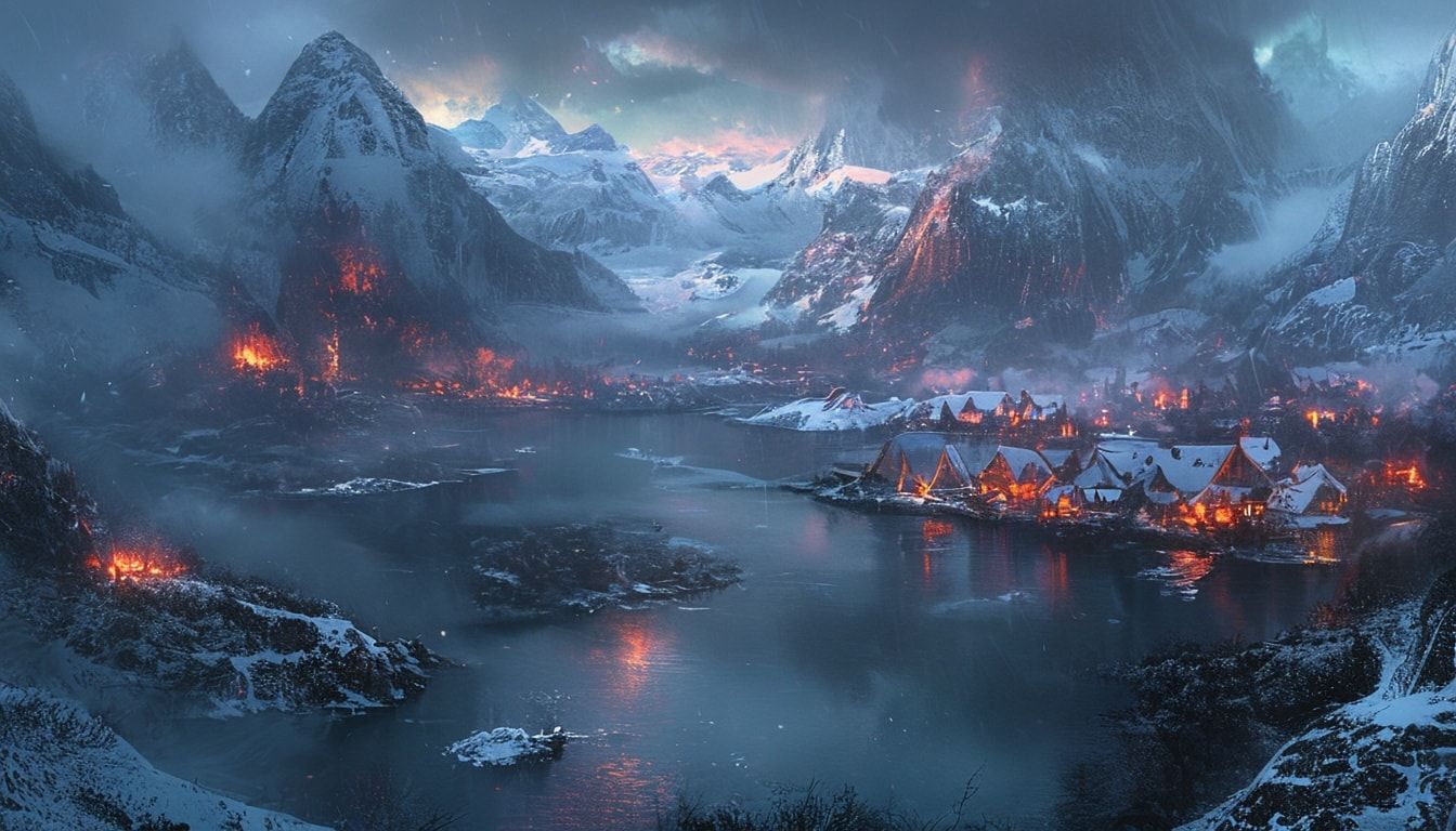 Frost-covered fjord surrounded by snow-capped mountains, Viking settlement with glowing fires, mystical fog rolling through the valley, fantasy atmosphere, detailed, atmospheric