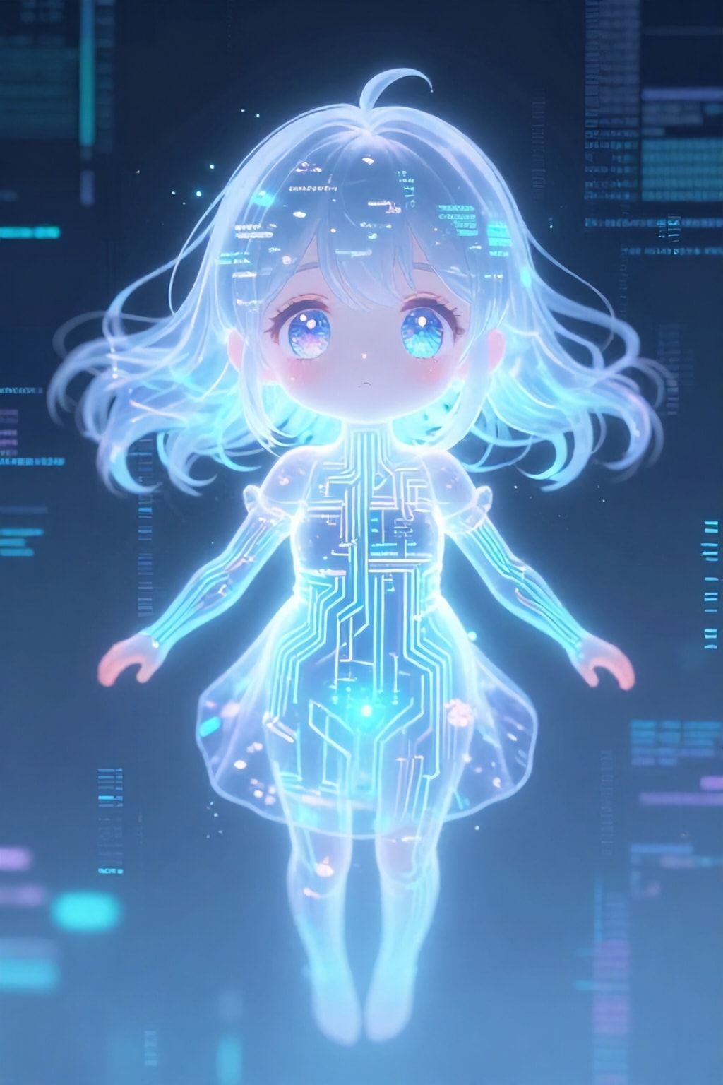 A glowing, ethereal anime girl with neon-blue circuits pulsing through her translucent skin floats in a vast digital void, her oversized kawaii eyes reflecting fractured code. Soft pastel hues blen...