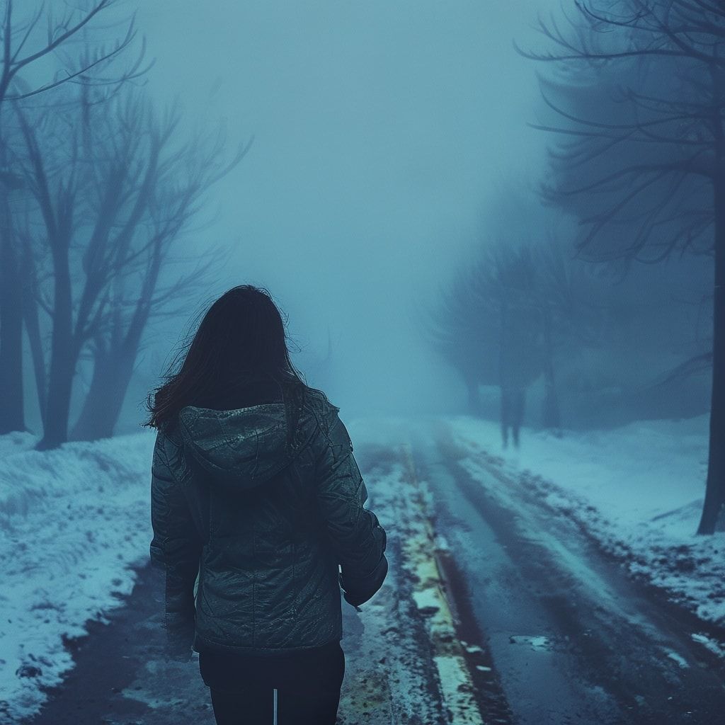 A girl with her back turned stands in a jacket on a winter road, an atmosphere of melancholy, loneliness and blue fog everywhere, as in dark ambient