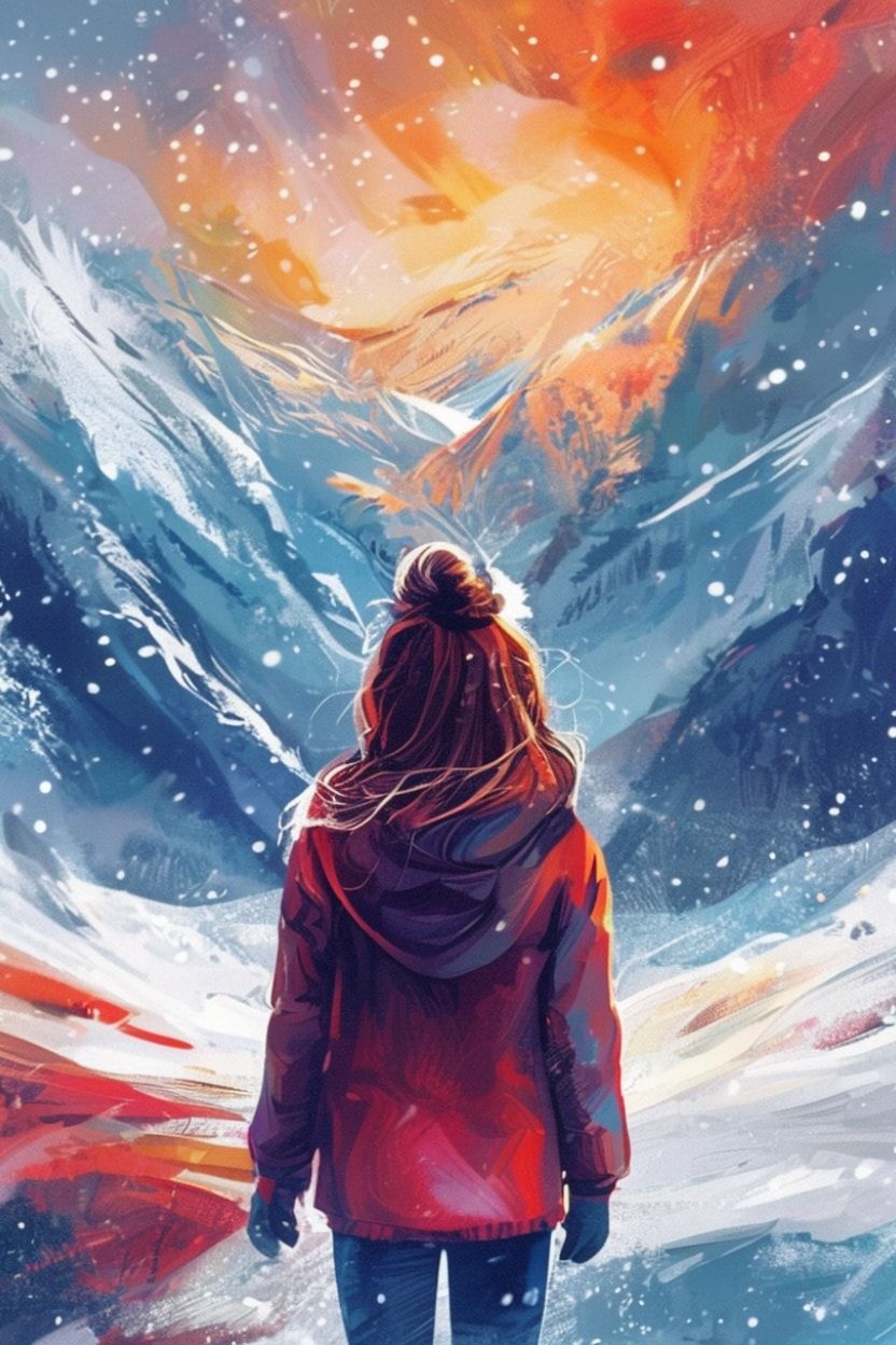 A girl standing with her back to the viewer in a winter ледяная valley. She is looking into the distance.