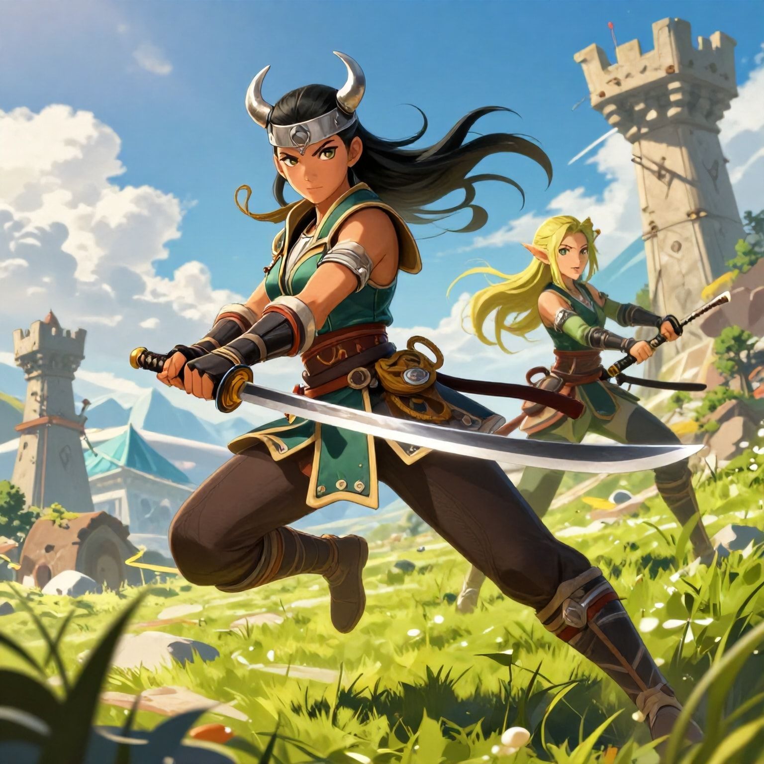 girl viking with girl elf wither landscape warrior samurai katana