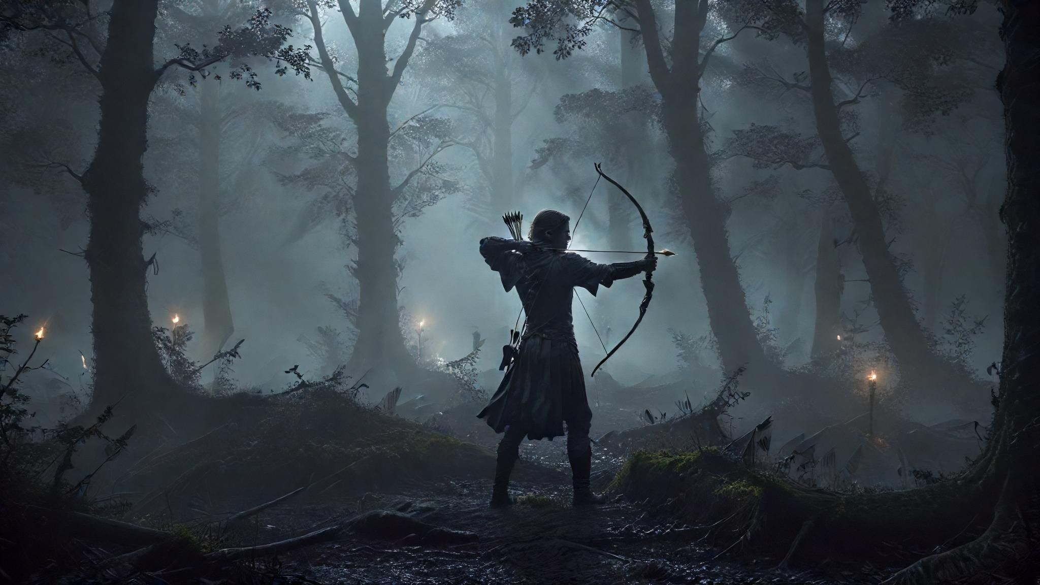 A lone elven archer, shrouded in darkness, pulls back a luminous arrow in a misty ancient forest at dusk. The noir-inspired lighting creates stark contrasts, highlighting the archer's silhouette ag...