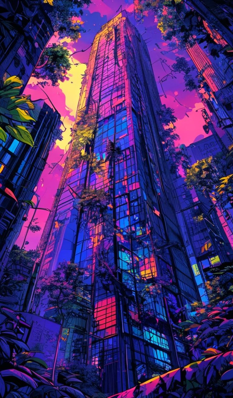 A towering, vine-choked skyscraper looms under a neon-lit twilight, its fractured glass reflecting psychedelic hues. Bold pop art strokes exaggerate jagged edges and wild foliage bursting from shat...