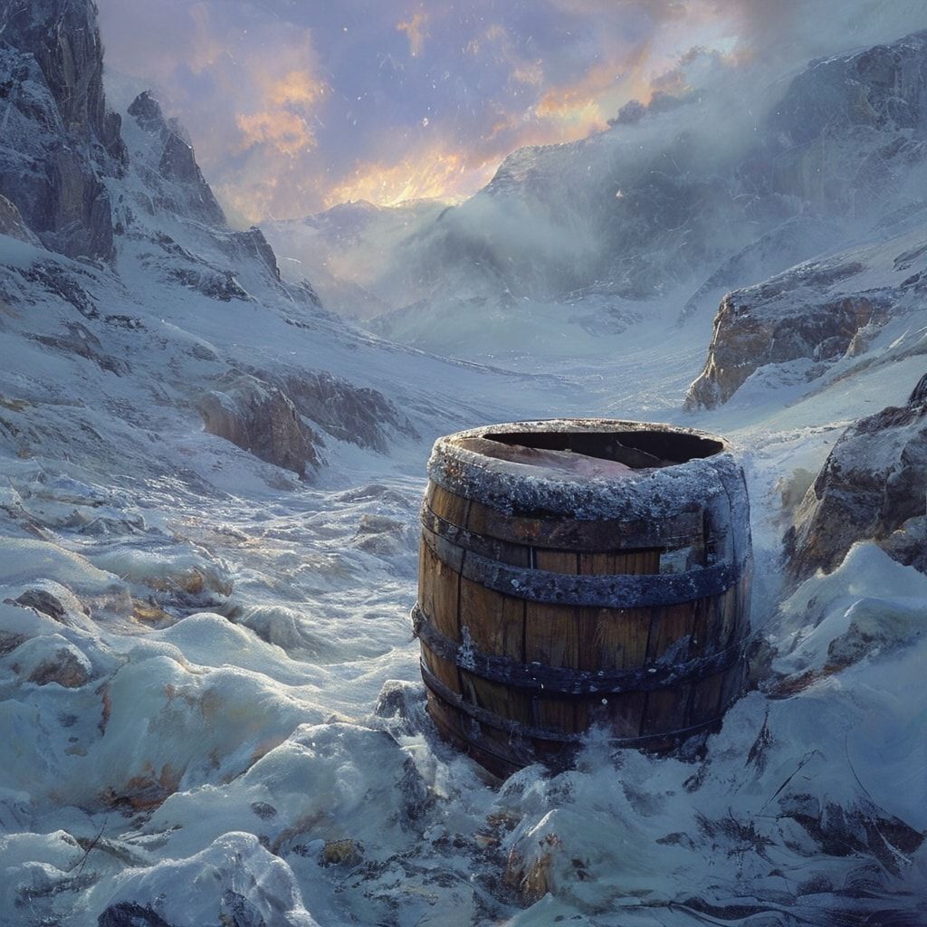 A weathered wooden barrel, half-buried in snow, rests in a vast, windswept valley, its rusted iron bands glinting under the pale glow of a winter dawn. Mist swirls around jagged ice formations, cas...