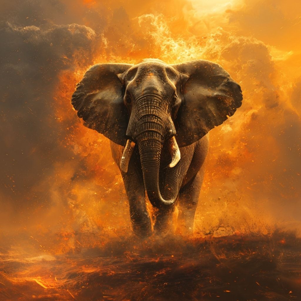 A towering elephant stands motionless on the sun-scorched plains, its powerful silhouette framed by a blazing horizon. The air shimmers with heat, kicking up swirling dust that catches the last emb...