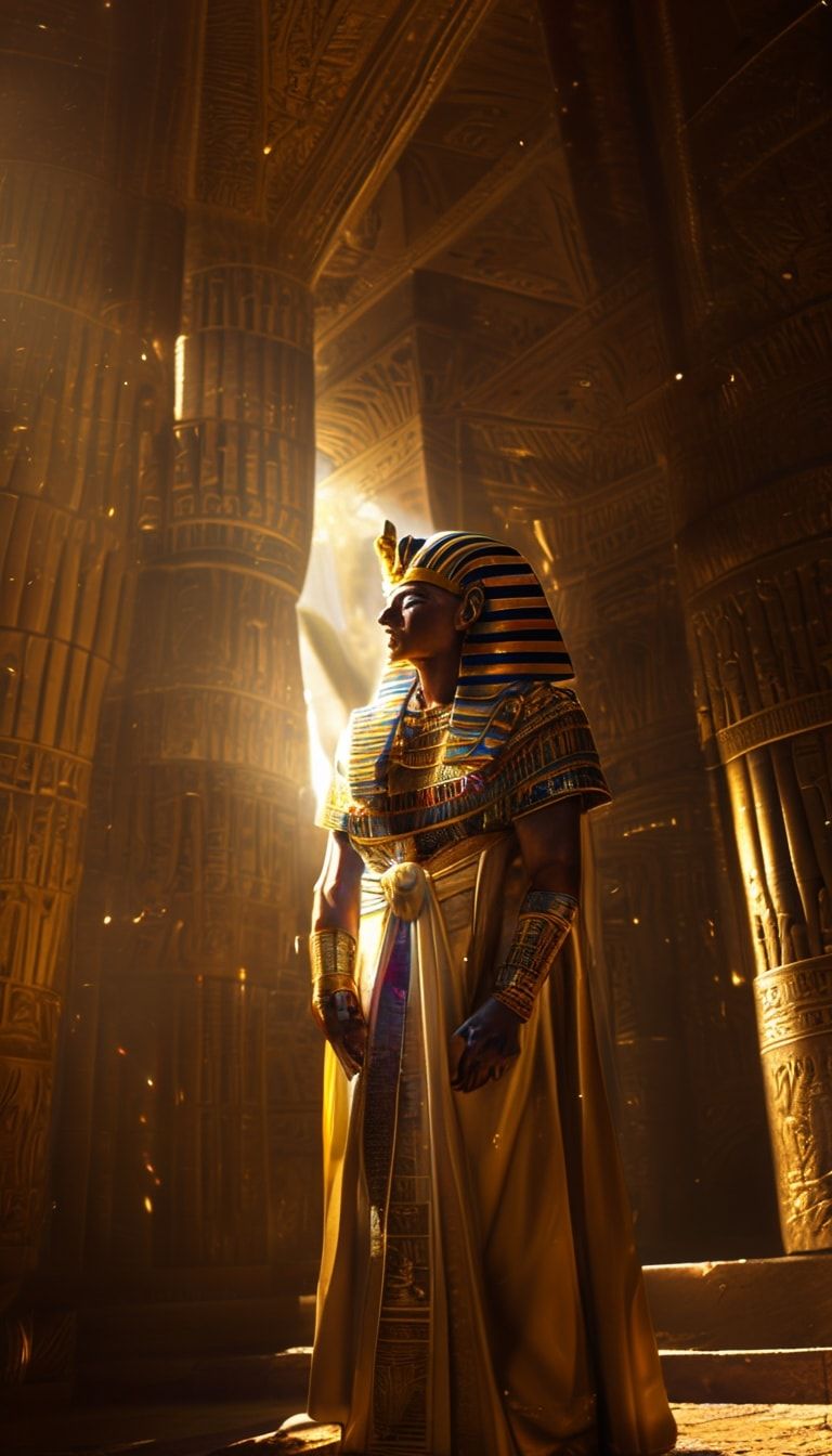 A majestic Egyptian pharaoh, adorned in golden regalia and a towering nemes headdress, stands in contemplation within the grand chamber of an ancient pyramid, bathed in soft, ethereal light filteri...