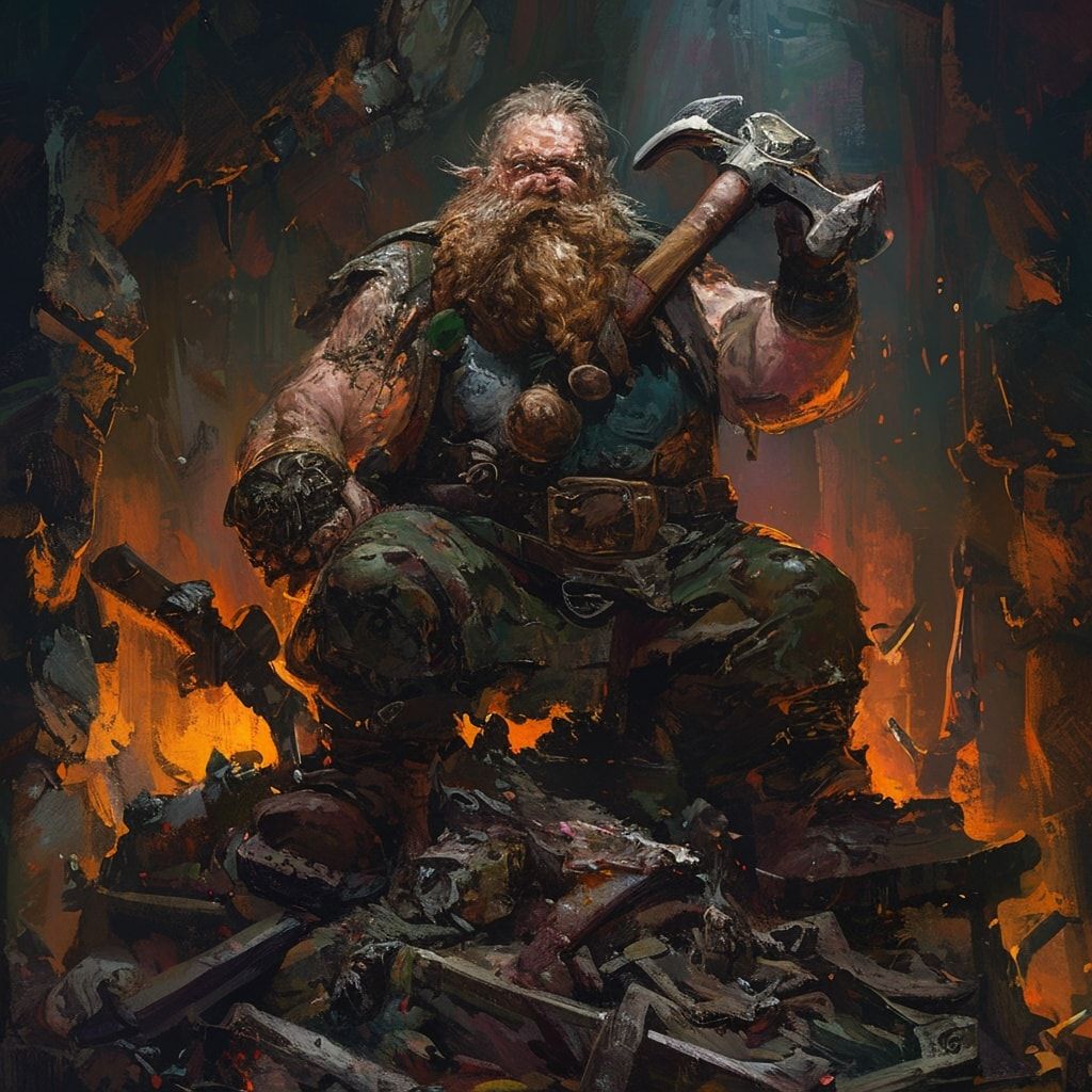 A grizzled, battle-scarred dwarf with a thick braided beard stands triumphantly atop a pile of shattered goblin weapons, his warhammer resting on his shoulder, in a dimly lit underground forge. The...