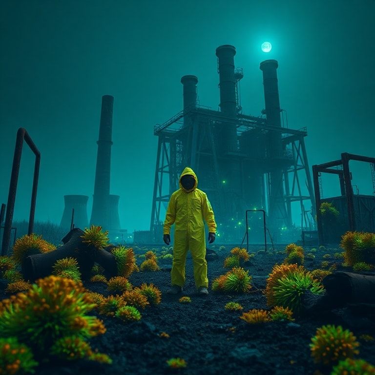 A lone figure in a hazmat suit stands amidst the skeletal remains of a nuclear power plant, bathed in the eerie glow of bioluminescent moss clinging to rusted metal. The minimalist composition emph...