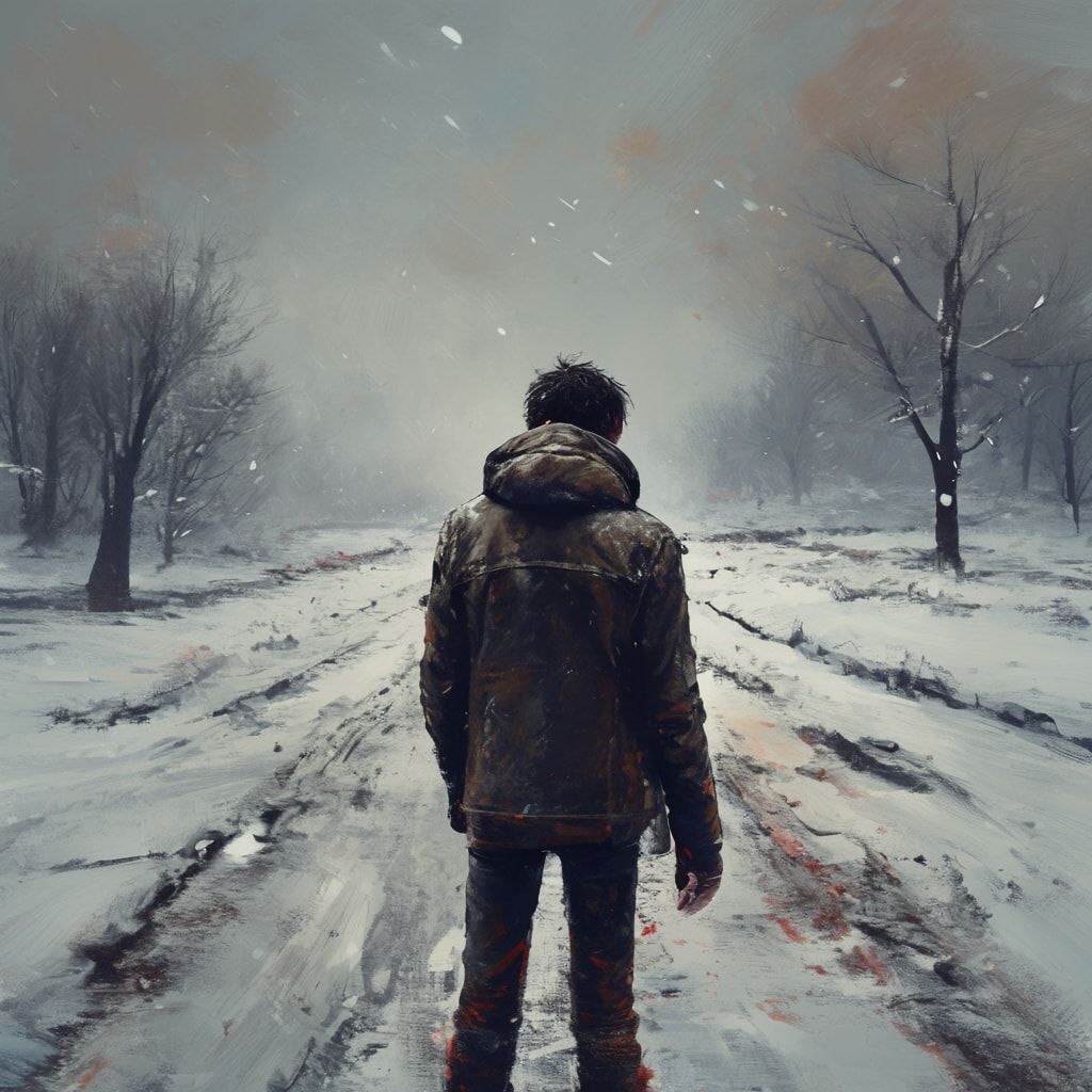 A solitary figure in a worn leather jacket stands motionless on a desolate winter road, her back turned to the viewer, shoulders slightly hunched against the biting cold. The path stretches endless...
