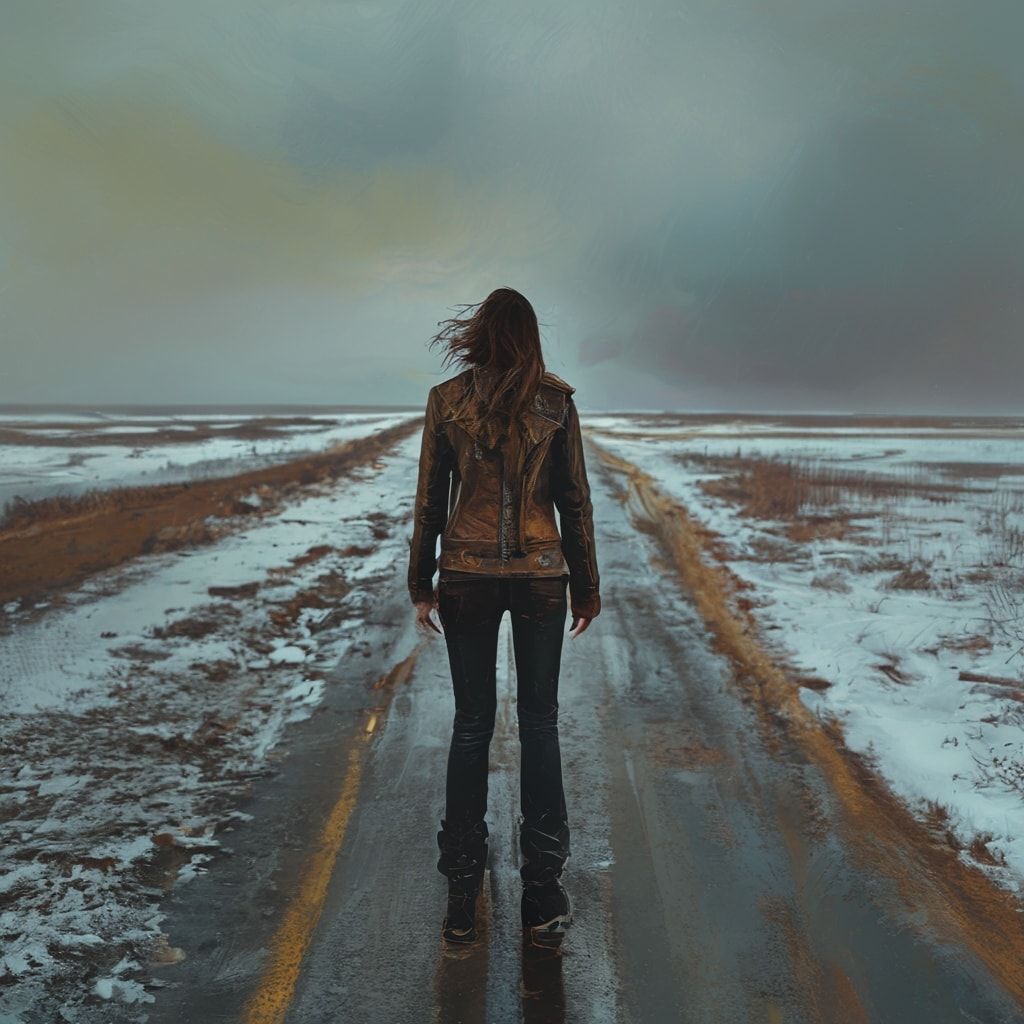 A solitary figure girl in a worn leather jacket stands motionless on a desolate winter road, her back turned to the viewer, shoulders slightly hunched against the biting cold. The path stretches endless...