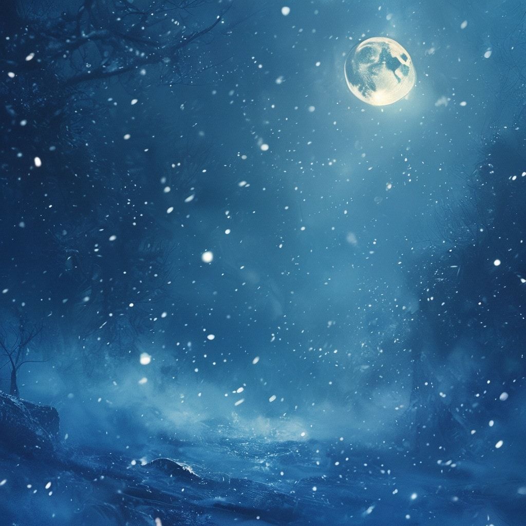 Cinematic composition, fantasy realism, deep blue and icy color palette, soft diffused moonlight, volumetric fog, subtle snowfall, ancient magic glow, dramatic depth, high detail textures, epic and melancholic mood