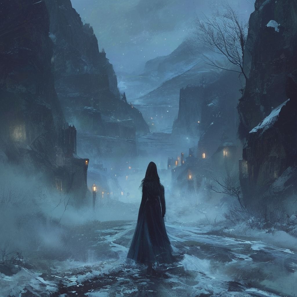 Fantasy art: A woman stands with her back turned in a frosty valley at night, surrounded by silent empty streets and roads. Mystical fog and hoarfrost cover the landscape.